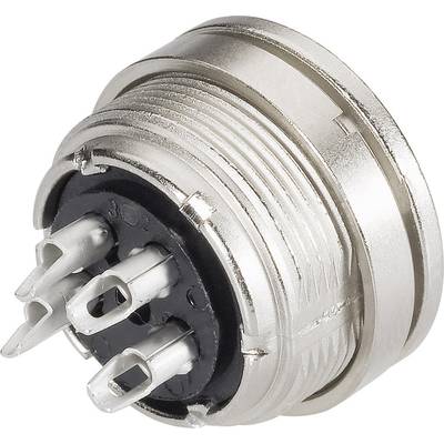A six-pin metal plug with threaded connection and insulated contacts, typical for industrial wiring and connections.