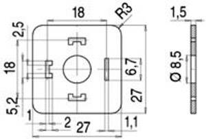 Technical drawing of a square component with dimensions in millimetres: 27x27, thickness 1.5, circle Ø8.5, radii R3. Top and side view.