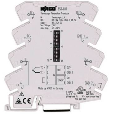 'WAGO 857-810 Thermocouple Temperature Transmitter, Input 0-20 mA/0-5 V, Output 18-32V DC, Temperature -25...+70 °C.'
