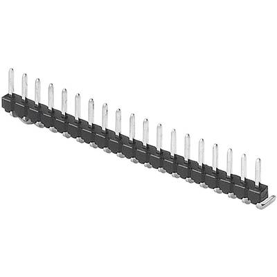 'Single-row pin header with fifteen pins in a black plastic housing; common component for electronic connections.'