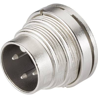Metallic, circular connector with three pins, typically used for industrial or electronic applications.
