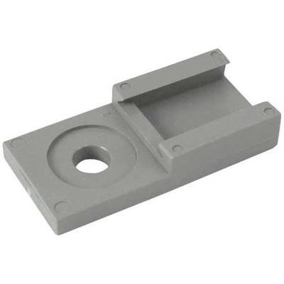 Grey plastic component with a rectangular, flat shape and a circular opening on the left side, and an elevated edge on the right.