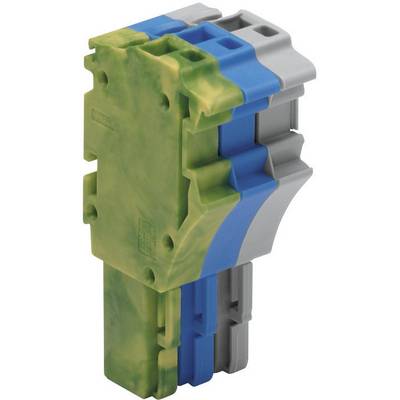 A multi-coloured, vertical electrical terminal block with extension modules. Used for connecting electrical cables.