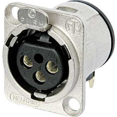 An XLR socket with push-button, panel-mountable, used for connecting audio devices in professional environments.