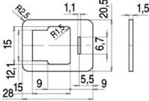 Technical drawing of a rectangular component with dimensions and radii. Front view shows dimensions, with a side view indicating a thickness of 1.5.
