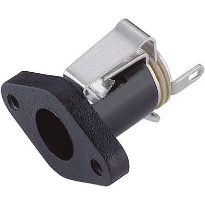 A black, flange-mounted connector plug with metallic contacts and cover, suitable for electronic connections.