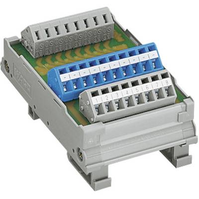 An electrical distribution block with numbered terminals in grey and blue, mounted on a mounting plate.