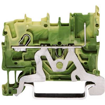 Cross-section of a green terminal with metallic connectors in the centre, showing electrical connections.