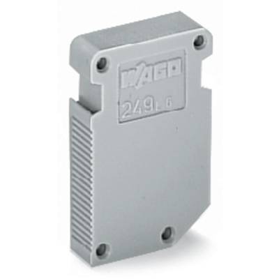 Cover for a terminal strip made of grey plastic, with 'WAGO 249-116' inscription and four screw holes for mounting.