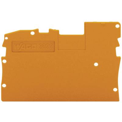 Orange plastic component with the print 'WAGO 2022', which has several holes, possibly for electrical connections.