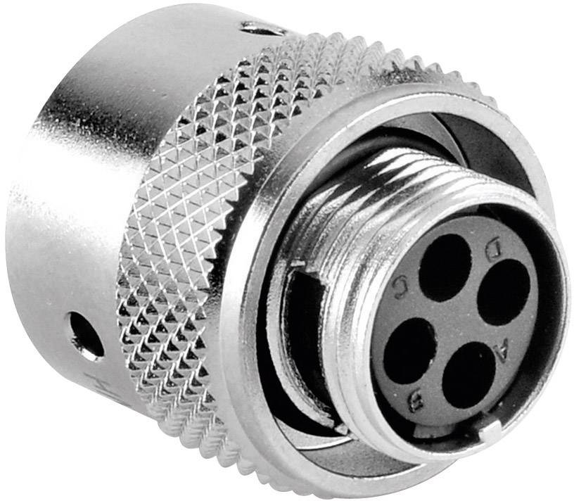 A silver, round plug with five terminals and a ribbed surface, likely for an electronic connection.