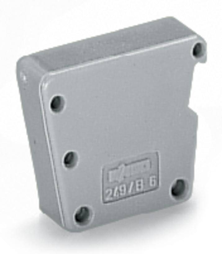 Grey, rectangular plastic housing with rounded corners and five holes, containing a technical component.