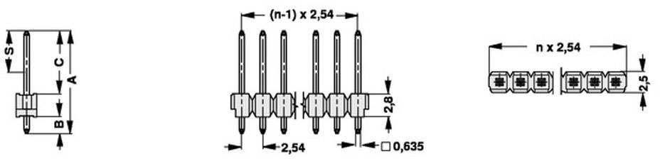Technical drawing of pin headers with dimensions in millimetres. Shows side and top views along with relevant measurements.
