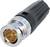 A black and silver BNC connector used for joining coaxial cables.