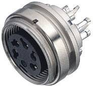 Round, silver socket with multiple pins for connecting electronic devices.