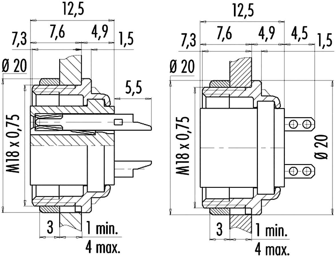 Technical drawing of an electrical connector with front and side views, dimensions, and thread specifications.
