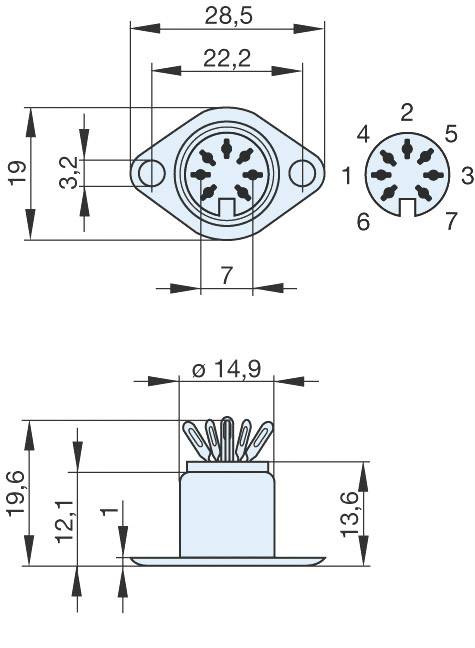 Diagram of an electrical connector with detailed dimensions. Shows top view and side view with measurements in millimetres.