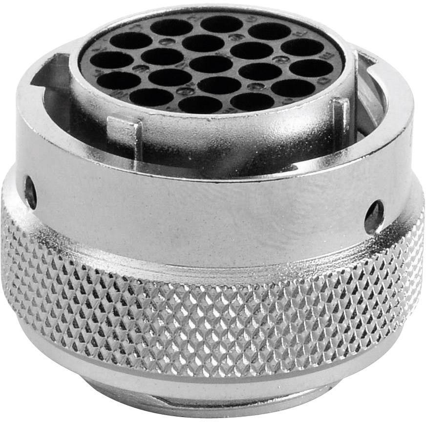 Metallic round electrical connector with multiple black pins within a ribbed housing for improved grip.