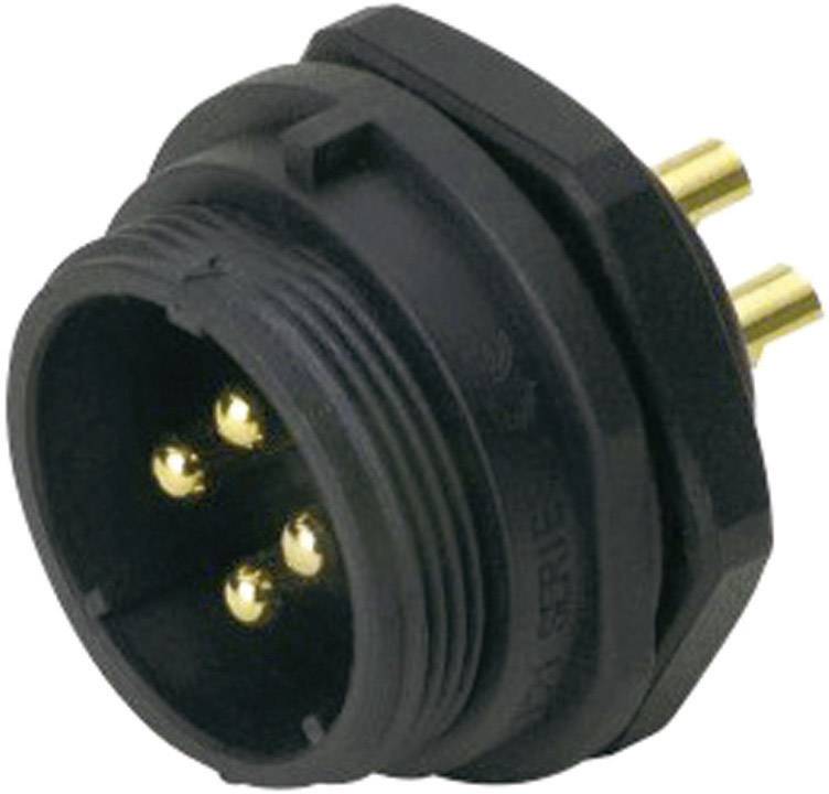 Black, round connector with four golden pins. Suitable for electrical connections in technical applications.