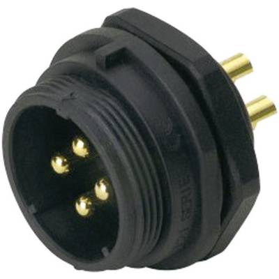 Black, round connector with four golden pins. Suitable for electrical connections in technical applications.