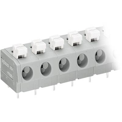 'Pluggable printed circuit board terminal block with five grey terminals and white levers, horizontally aligned.'