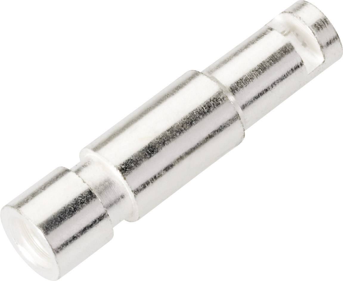 A cylindrical, metallic connector in silver, used for electronic or mechanical connections.