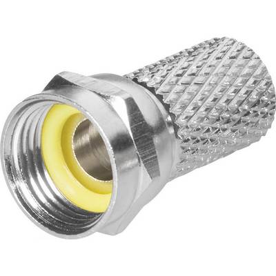 A coaxial F-connector with a ribbed metal sleeve and yellow insulator, suitable for connecting antenna cables.