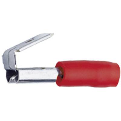 A red trumpet-shaped cable lug with an angled metal connector for joining cables in electrical applications.