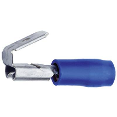 Metal plug with blue plastic insulation, showing an angled connection.