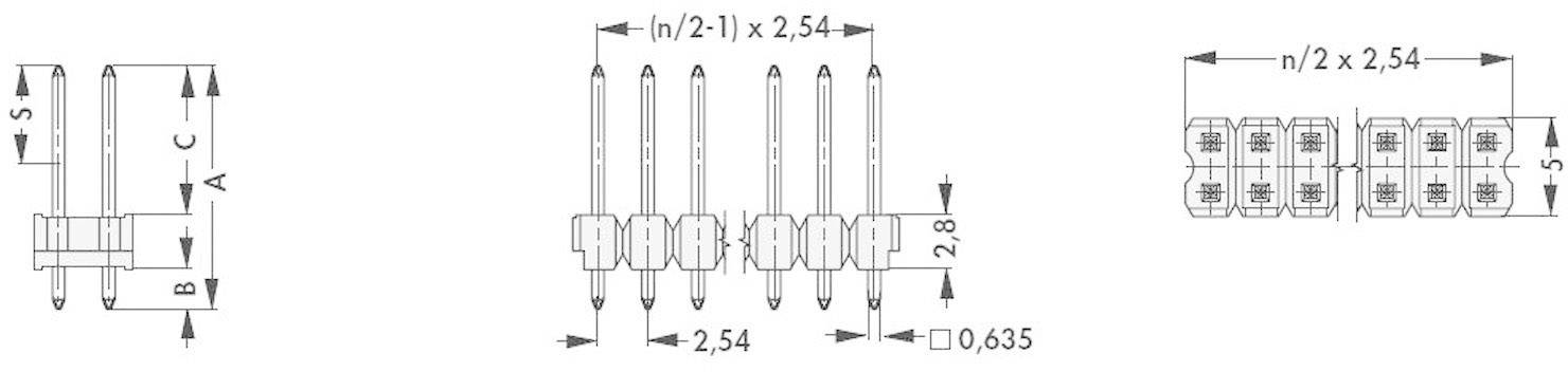 Technical drawing of a socket strip connector with precise dimensions, including pin spacing and overall size.