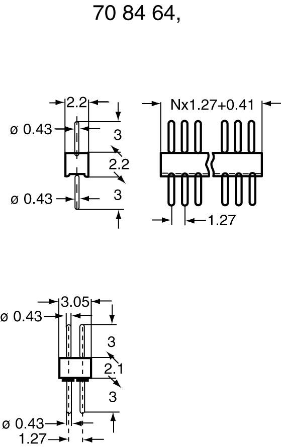 Technical drawing of a connector with dimensions, pins, and spacings. Shown in top, side, and front views.