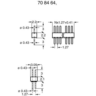 Technical drawing of a connector with dimensions, pins, and spacings. Shown in top, side, and front views.