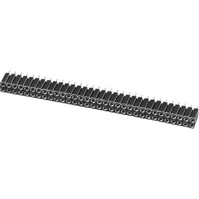 A long row of black multi-socket connector strips with several connection slots for electrical interfaces in electronic circuits.