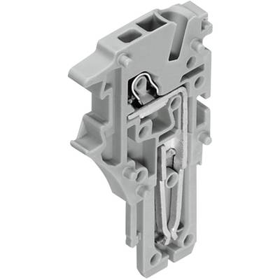 Grey, rectangular electrical terminal block with two connection contacts and metallic conductors. Suitable for conductor connection.
