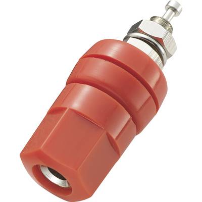 Red, cylindrical component with metal threading and screw fitting, potentially part of a technical device or tool.