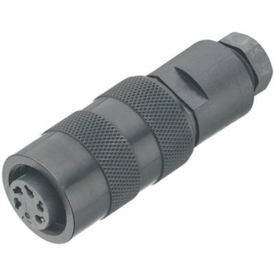 'A black, cylindrical connector with multiple metal pins, identifiable by its ridged grip area, lies on a white background.'
