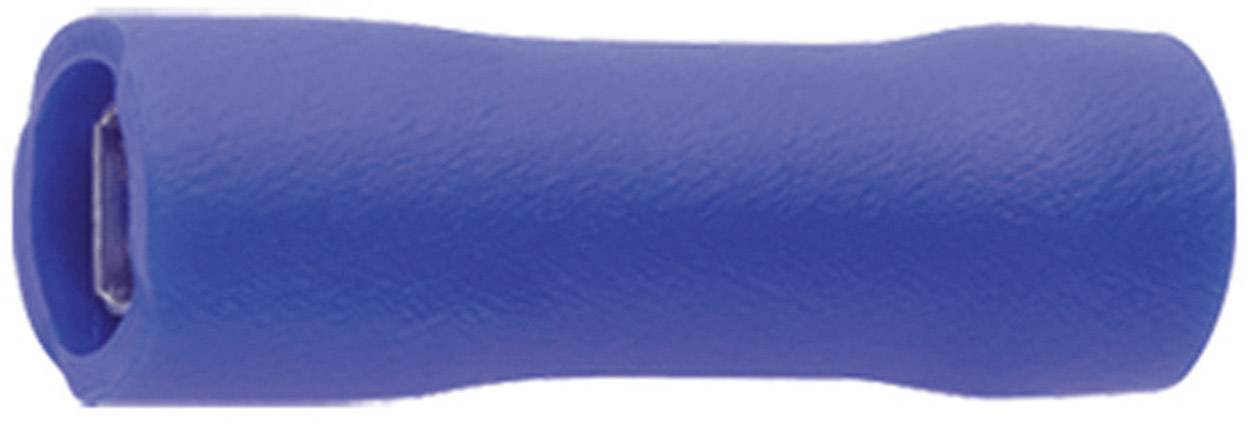 A blue insulated cable connector with a cylindrical shape, used for electrically connecting wires.