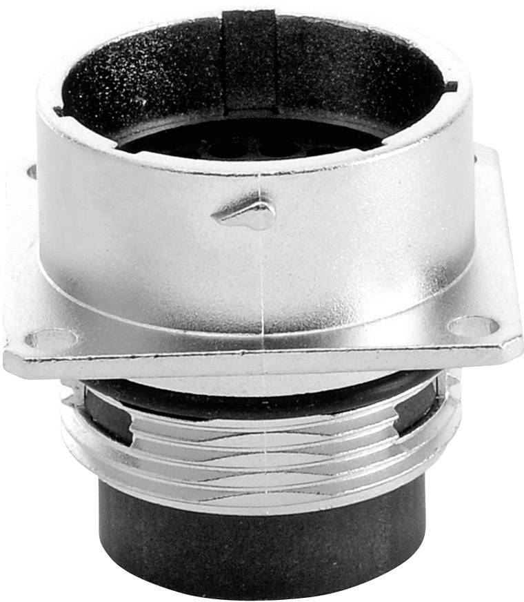 Metallic circular connector mounted on a rectangular base with two screw holes.
