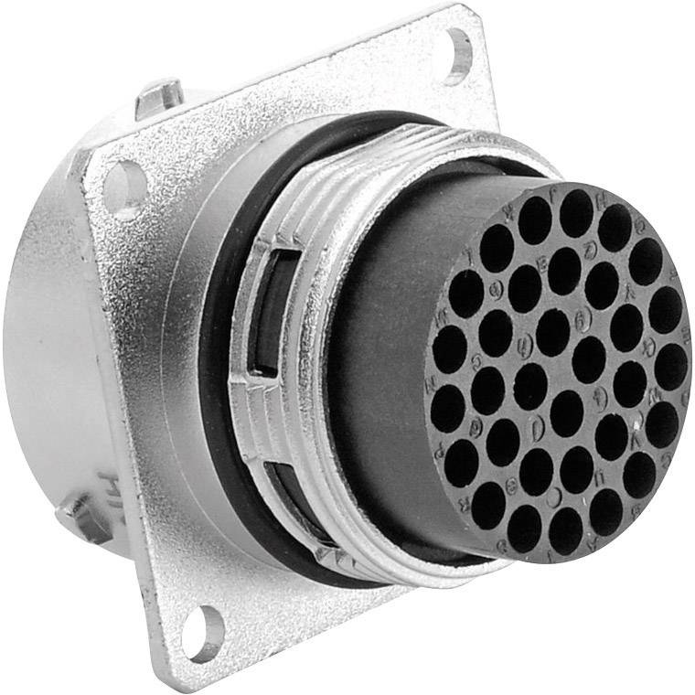 Cylindrical plug with multiple round connection points in industrial design, secured to a silver mounting plate.