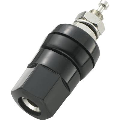 Black pneumatic component, similar to a valve, with a cylindrical body and metallic connections on top.