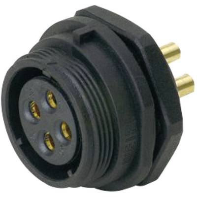 A round, black, multi-pole plug with four gold-plated contact pins and a hexagonal base for mounting.