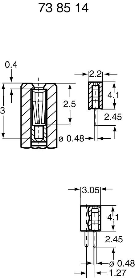 Technical drawing of an electrical component with two views. Dimensional specifications show the width, height, and depth of the components.
