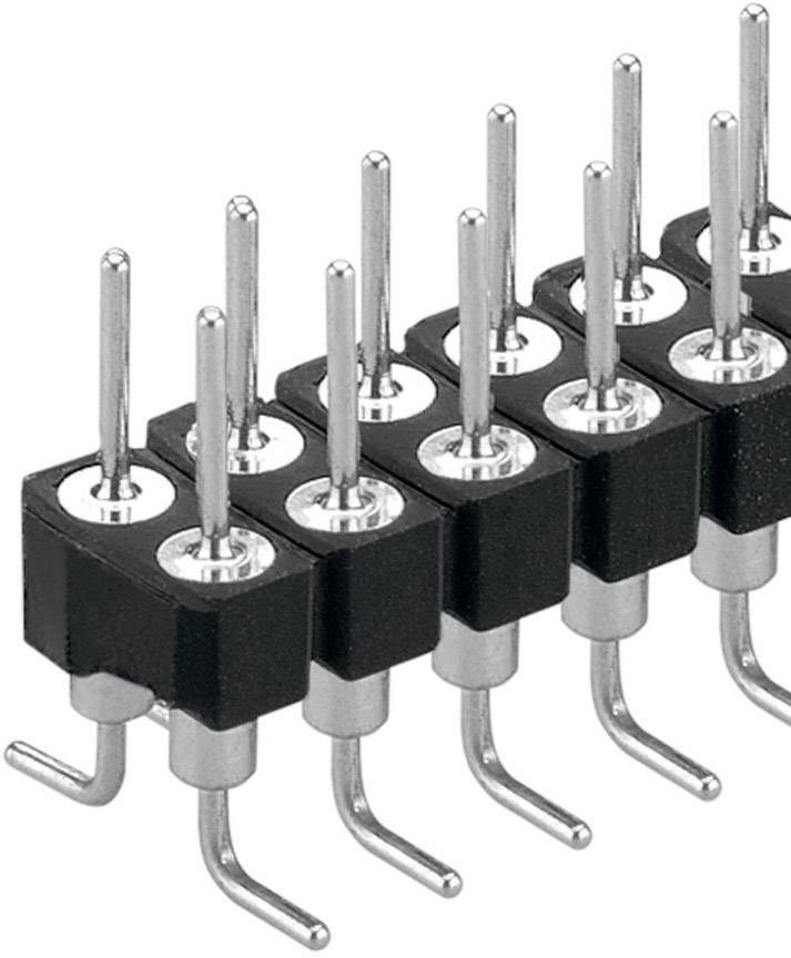 Row of metal pins in plastic housings, typical of electronic connector interfaces on printed circuit boards.