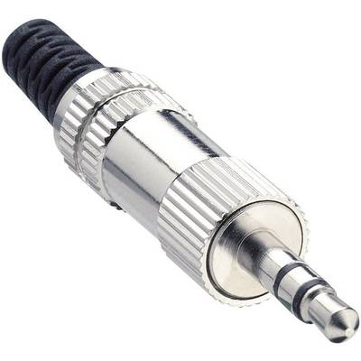 A silver 3.5-mm jack plug with a knurled grip and black cable sheathing. Suitable for audio connections.