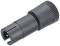 Black cylindrical adapter with multiple metal pins, commonly used in audio or electronic devices to connect components.