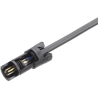 A black electric connector with multiple metal pins, connected to a black cable.
