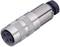 A silver-coloured, cylindrical metal plug, presumably an XLR connector, with a ribbed surface for better grip.