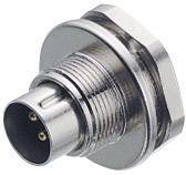 A round, metallic plug with three pins and a thread for securing. Typically used for electrical connections.