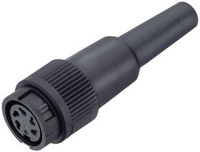 A black, round connector with multiple pins, suitable for electronic connections, against a neutral background.