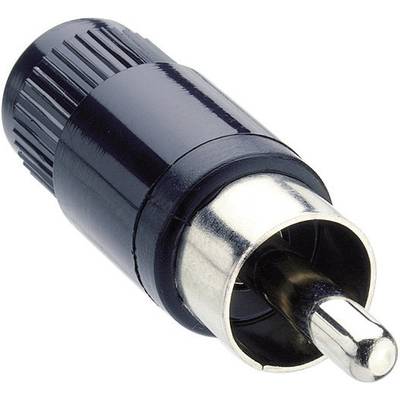 A black RCA plug with a metal tip, commonly used for audio and video connections in entertainment electronics.